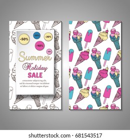 Set of stylized Summer holidays invitation, flyer, sale, discont card template. Can be use for internet sites, gift cards, flyers and presentation. Vector illustration background. Front and back page