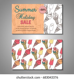 Set of stylized Summer holidays invitation, flyer, sale, discont card template. Can be use for internet sites, gift cards, flyers and presentation. Vector illustration background. Front and back page