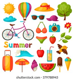 Set of stylized summer objects. Design for cards, covers, brochures and advertising booklets.