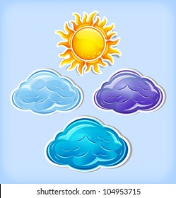 Set of stylized sun and clouds. Vector Illustration.