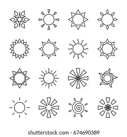 Set of stylized sun logo. Line icon of sun, star, flower. Isolated black outline logo on white background.