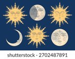 Set of stylized suns and moons in cartoon style. Vector illustration: suns with rays, full, crescent moons with faces, closed, open eyes isolated on dark blue background. Astrology, mythology.