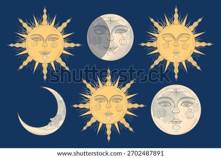 Set of stylized suns and moons in cartoon style. Vector illustration: suns with rays, full, crescent moons with faces, closed, open eyes isolated on dark blue background. Astrology, mythology.