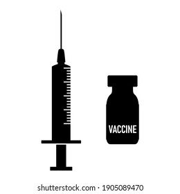 Set Of Stylized Syringe Needle And Vaccine Jab Glass Vial Icon. Vector Image.