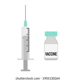 Set of Stylized Syringe Needle and Vaccine Jab Glass Vial Icon. Vector Image.