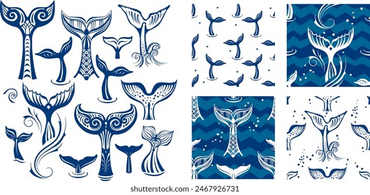 Set of Stylized Tails of a Whale and seamless pattern