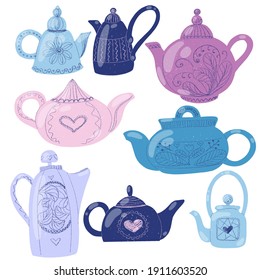 
set of stylized teapots in delicate purple colors