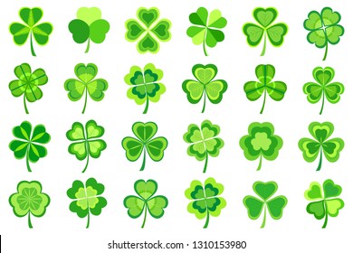 Set of stylized traditional green Patrick leaf clover isolated on white background. Beautiful elements of graphic design for St. Patrick's day. Stylish creative icons shamrocks. Vector illustration 