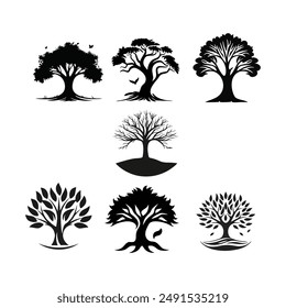 Set of stylized tree icons. Black and white vector illustration.