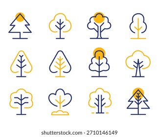 Conjunto de iconos estilizados del árbol en azul y amarillo, aislados en blanco
