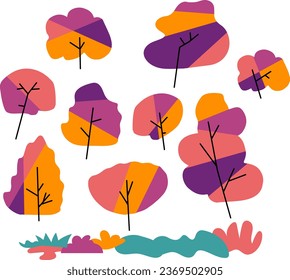 Set of stylized trees. Autumn colors. Hand drawn modern Vector illustration. Isolated design element. Poster, print template.