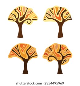 Set of stylized trees, autumn trees isolated on white background, vector design