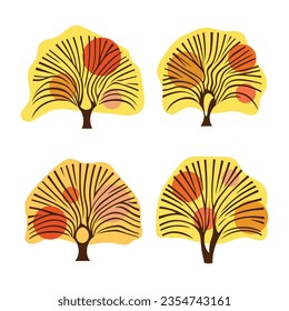 Conjunto de árboles estilizados, árboles otoñales aislados en fondo blanco, diseño vectorial