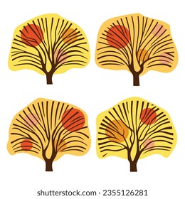 Set of stylized trees, autumn trees isolated on white background, vector design