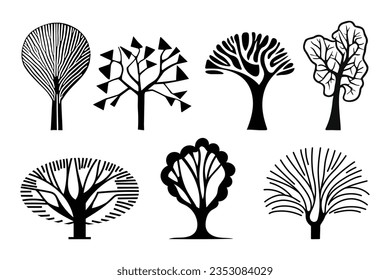 Set of stylized trees, black on white, vector design