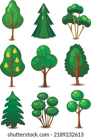 Set of stylized trees. Green trees on a white background. Trees vector set