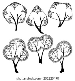 Set of stylized trees. Hand drawn vector illustration.