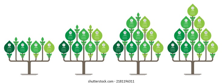Set of Stylized Trees or plant with leaves. Timeline of trends. Business concept with steps. Infographics with options research in science and Green technology. Development of the eco business.