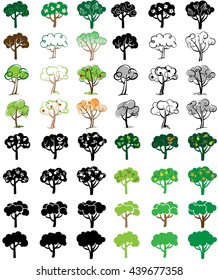 set of stylized trees for your design. Black and white and color variants