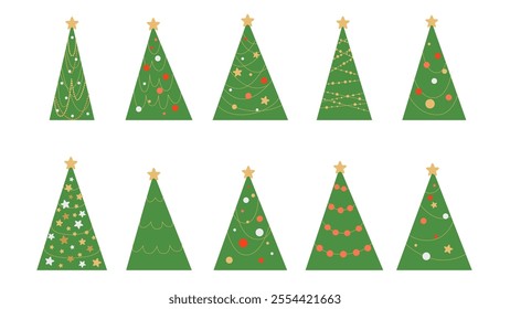 Set of stylized triangle fir trees with different decorations. Evergreen forest. Holiday design for postcards, banners, packaging and textiles. Traditional symbol of Christmas and New Year. Vector 