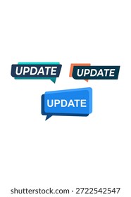 Un conjunto de iconos Actualizar estilizados con tipografía inclinada y Formas de rótulo geométrico. Estas coloridas superposiciones gráficas están diseñadas para alertas claras de la interfaz de usuario.