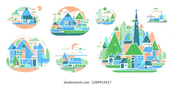 A set of stylized urban compositions. Symbolic image of the city, European town, abstraction of the city. Stylish design for logos and emblems