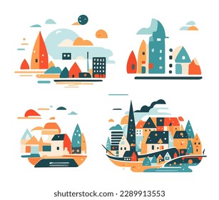 A set of stylized urban compositions. Symbolic image of the city, European town, abstraction of the city. Stylish design for logos and emblems