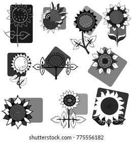 A set of stylized, various sunflowers.