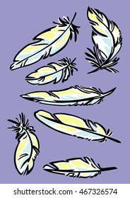 A set of stylized vector feathers, with black outline.