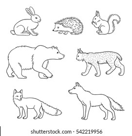 Set of stylized vector forest animals in contours. EPS8