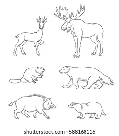 Set of stylized vector forest animals in contours. EPS8