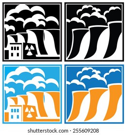 set of stylized vector illustration on the theme of nuclear energy