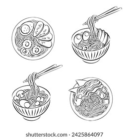 Set of stylized vector illustrations of traditional Japanese ramen soup with different ingredients. Sketch line art for menu, recipe, sticker, social media advertising. Asian cuisine with noodles. 