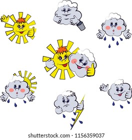 a set of stylized vector images for the design of the weather forecast. The sun and clouds.