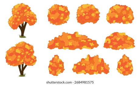 Un conjunto de Imágenes vectoriales estilizadas de árboles y arbustos de varias Formas y tamaños. Follaje naranja. Es ideal para el diseño de paisajes, visualizaciones arquitectónicas y la creación de escenas realistas.
