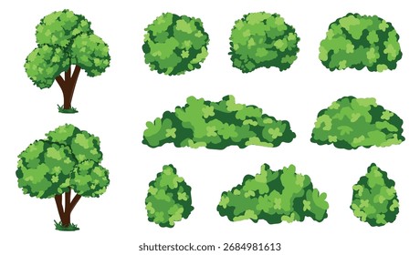 Un conjunto de Imágenes vectoriales estilizadas de árboles y arbustos de varias Formas y tamaños. Follaje verde. Ideal para el diseño de paisajes, visualizaciones arquitectónicas y creación de escenas realistas.