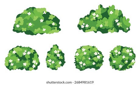 Un conjunto de Imágenes vectoriales estilizadas de árboles y arbustos de varias Formas y tamaños. Follaje verde. Ideal para el diseño de paisajes, visualizaciones arquitectónicas y creación de escenas realistas.