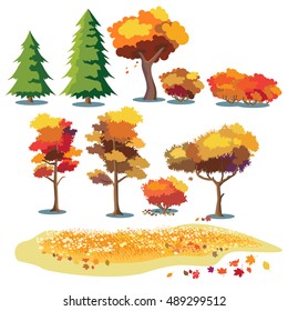 Set of stylized vector plants in autumn colors. Shrubs, trees, leaves, and fields with grass and flowers