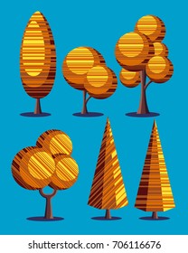 Set of stylized vector plants in autumn period. Trees and spruce.