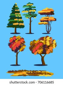 Set of stylized vector plants in autumn period. Trees and grass.
