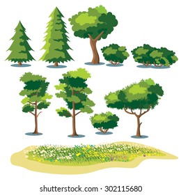 Set Of Stylized Vector Plants. Shrubs, Trees And Fields With Grass And Blooming Flowers