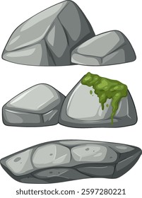 A set of stylized vector rocks with varied shapes and moss details, ideal for game design and digital illustrations