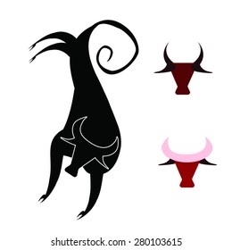 Set of stylized vector silhouettes of running bull as Taurus. Black on white bull silhouette in ornamented tribal style and two color Bull heads. As design element, for logo, print, tattoo. Eps 10