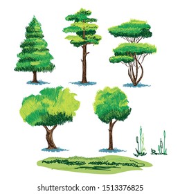 Set of stylized vector sketches of different plants