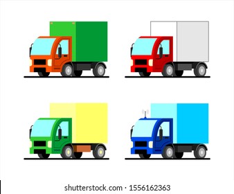 Set of stylized vector small trucks of different colors. Truck with an antenna. Flat vector image on a white background. Illustration for children, logo, poster.