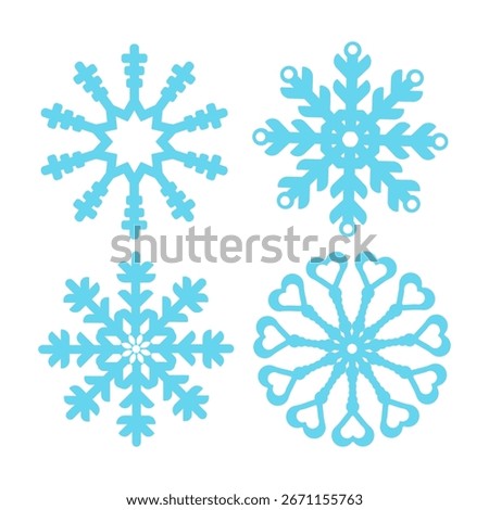 Set of stylized vector snowflakes with a geometric symmetrical design in light blue. Ideal for winter-themed projects such as holiday greeting cards, Christmas and New Year invitations