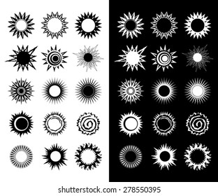 Set of stylized vector symbols, signs, design elements of the Sun.  EPS 8, CMYK