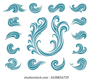 Set of stylized vector wave elements in various curved shapes. Decorative swirls and ocean-inspired motifs for marine design, logo elements, and abstract compositions