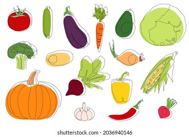 Set of stylized vegetables. Monoline and color shapes vector icons isolated on white background.