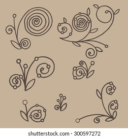 A set of stylized vegetative curls with leaves and berries, vector, drawn by hand, isolated.Suitable for decoration of invitations, greeting cards, menus, books.